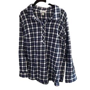 Christopher & Banks Womens Plaid Flannel W/ Roll Tab Sleeves-Navy Blue-Size L